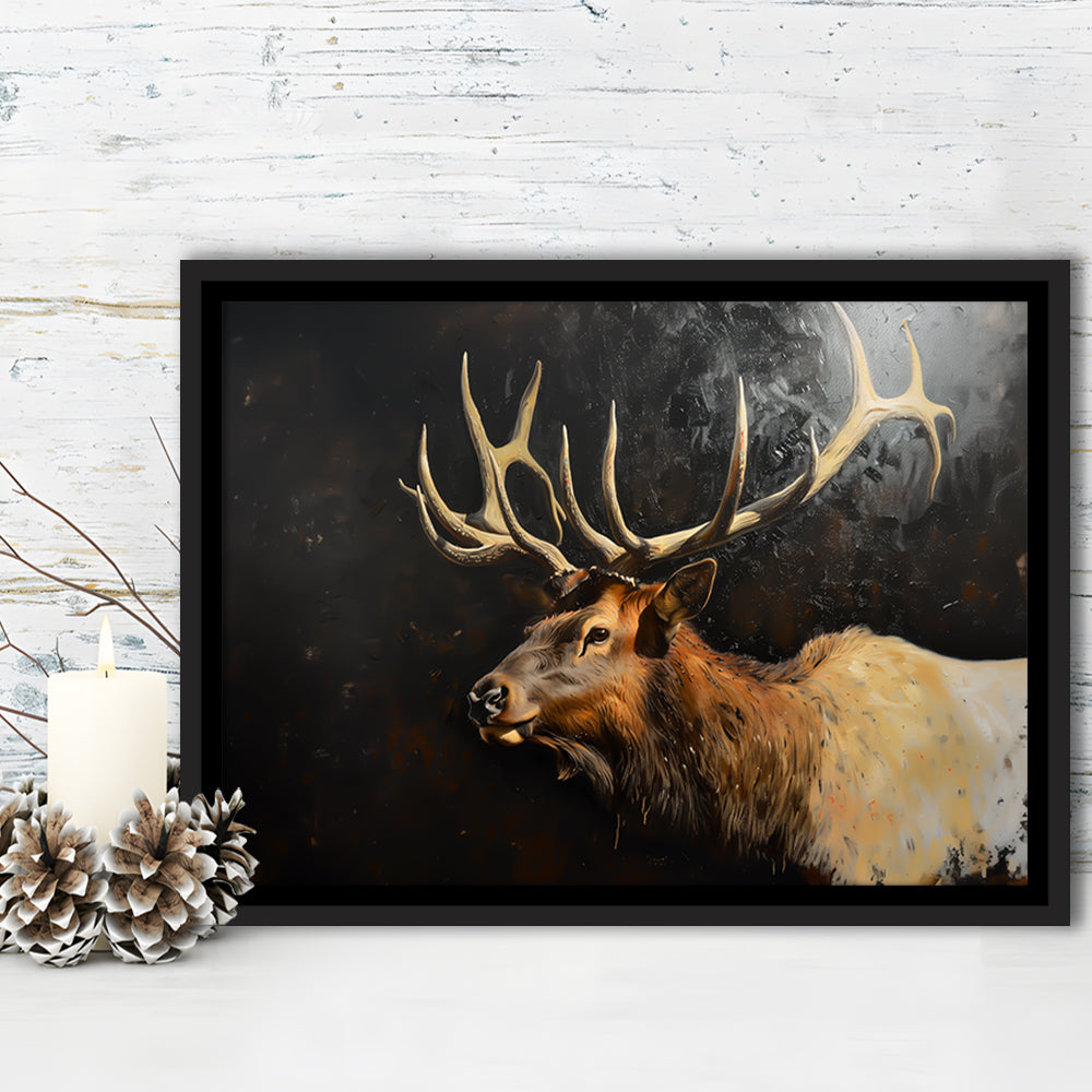 Painting Portrait Elk With Antlers Black Background, Hunting Art Decor, Floating Framed Canvas Print Wall Art