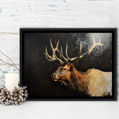 Painting Portrait Elk With Antlers Black Background, Hunting Art Decor, Floating Framed Canvas Print Wall Art