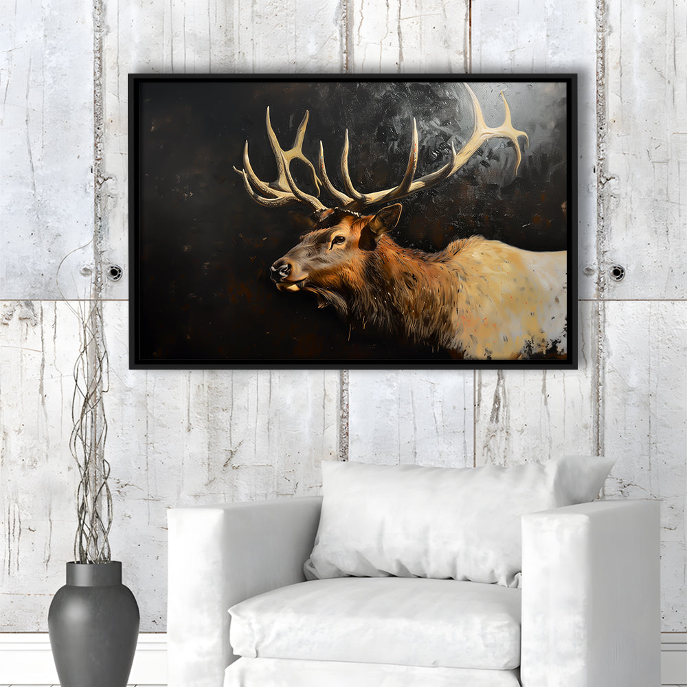 Painting Portrait Elk With Antlers Black Background, Hunting Art Decor, Floating Framed Canvas Print Wall Art