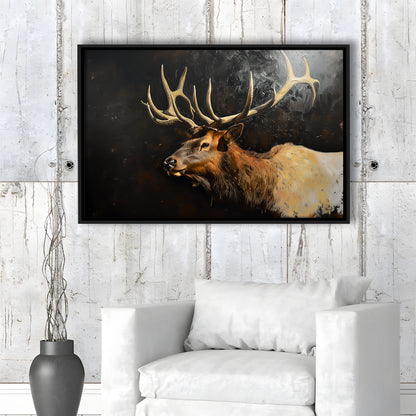 Painting Portrait Elk With Antlers Black Background, Hunting Art Decor, Floating Framed Canvas Print Wall Art