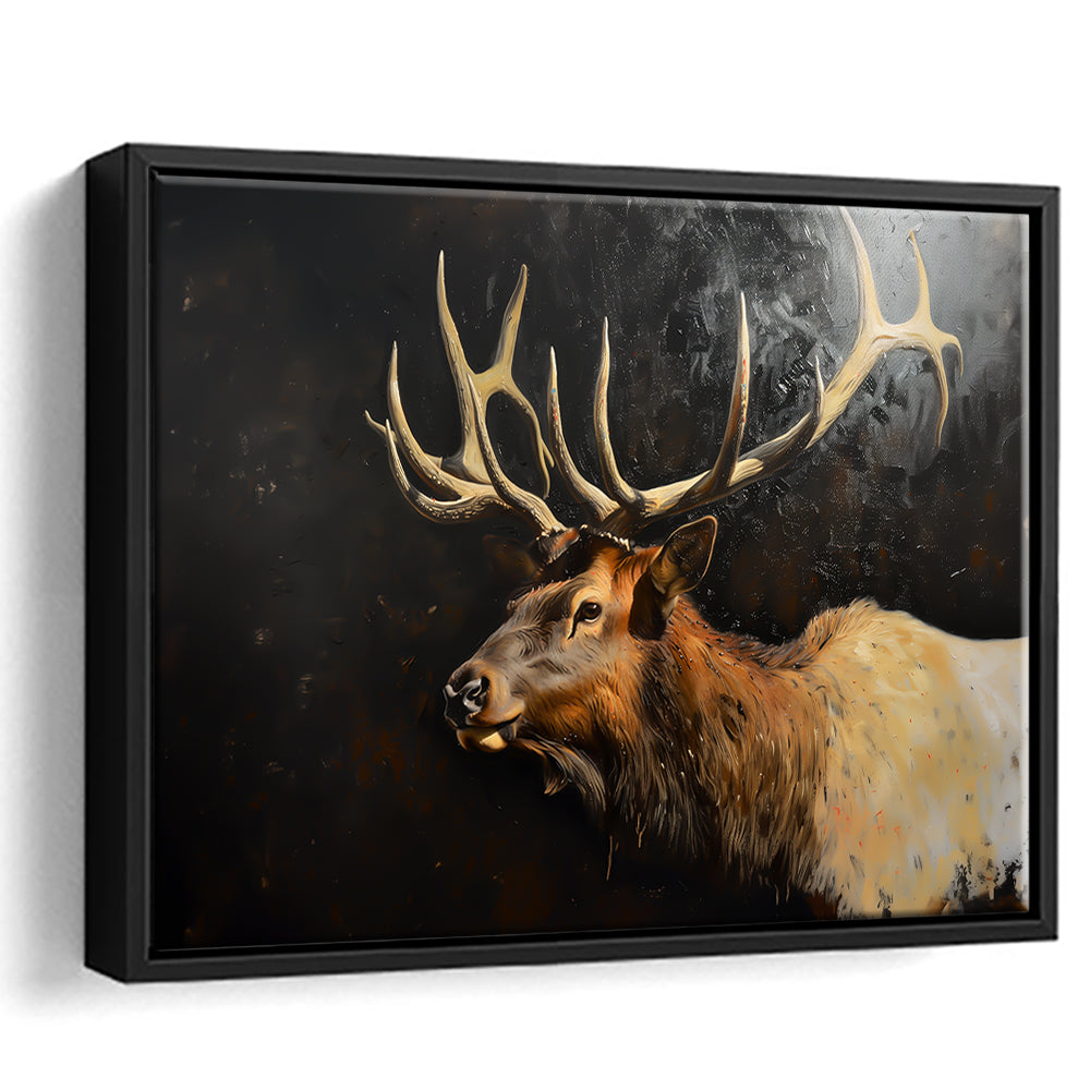 Painting Portrait Elk With Antlers Black Background, Hunting Art Decor, Floating Framed Canvas Print Wall Art