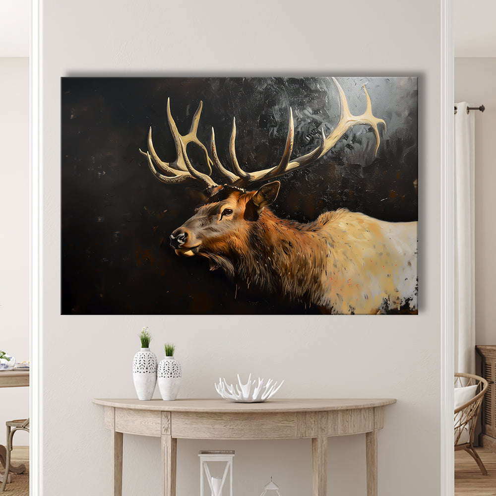 Painting Portrait Elk With Antlers Black Background, Hunting Art Decor, Canvas Print Wall Art Home Decor