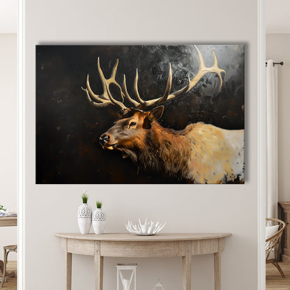 Painting Portrait Elk With Antlers Black Background, Hunting Art Decor, Canvas Print Wall Art Home Decor