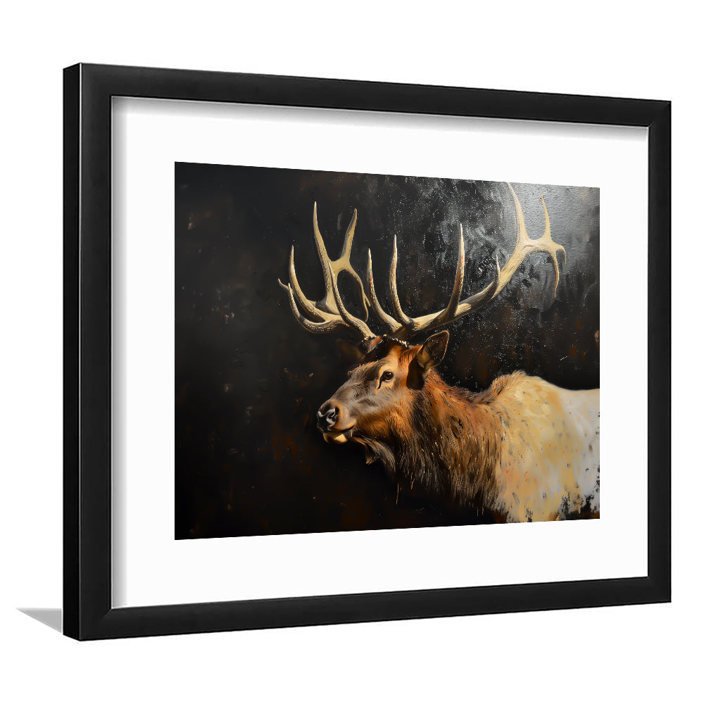 Painting Portrait Elk With Antlers Black Background, Hunting Art Decor, Framed Art Print White Border Wall Decor