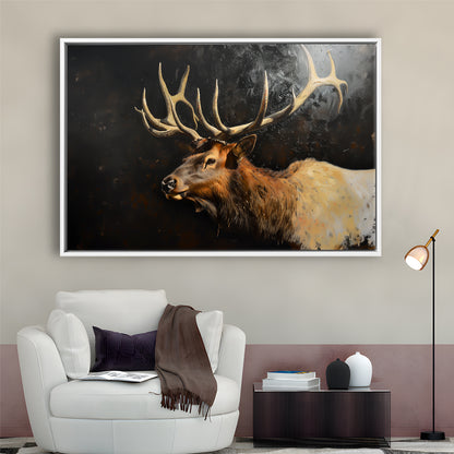 Painting Portrait Elk With Antlers Black Background, Hunting Art Decor, Floating Framed Canvas Print Wall Art