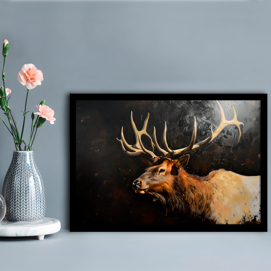 Painting Portrait Elk With Antlers Black Background, Hunting Art Decor, Framed Art Print Wall Decor, Framed Picture