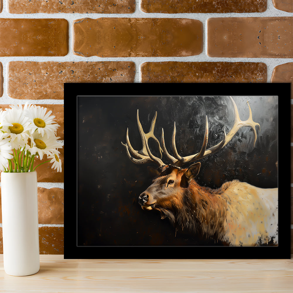 Painting Portrait Elk With Antlers Black Background, Hunting Art Decor, Framed Art Print Wall Decor, Framed Picture
