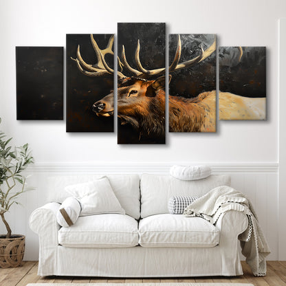 Painting Portrait Elk With Antlers Black Background, Hunting Art Decor, Mixed Panels Canvas Print Wall Art