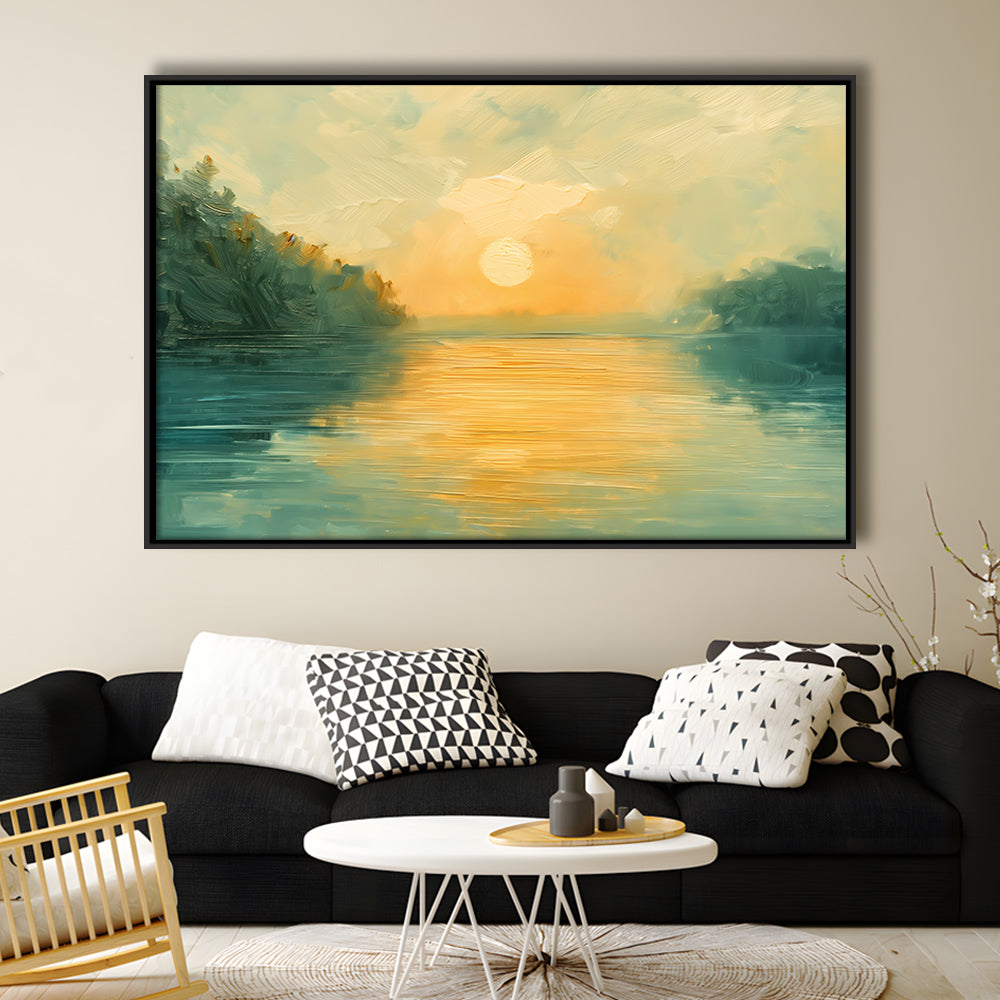 Painting Sunríe Reflection On The Water, Framed Canvas Print, Painting Art, Floating Framed Canvas Print Wall Art