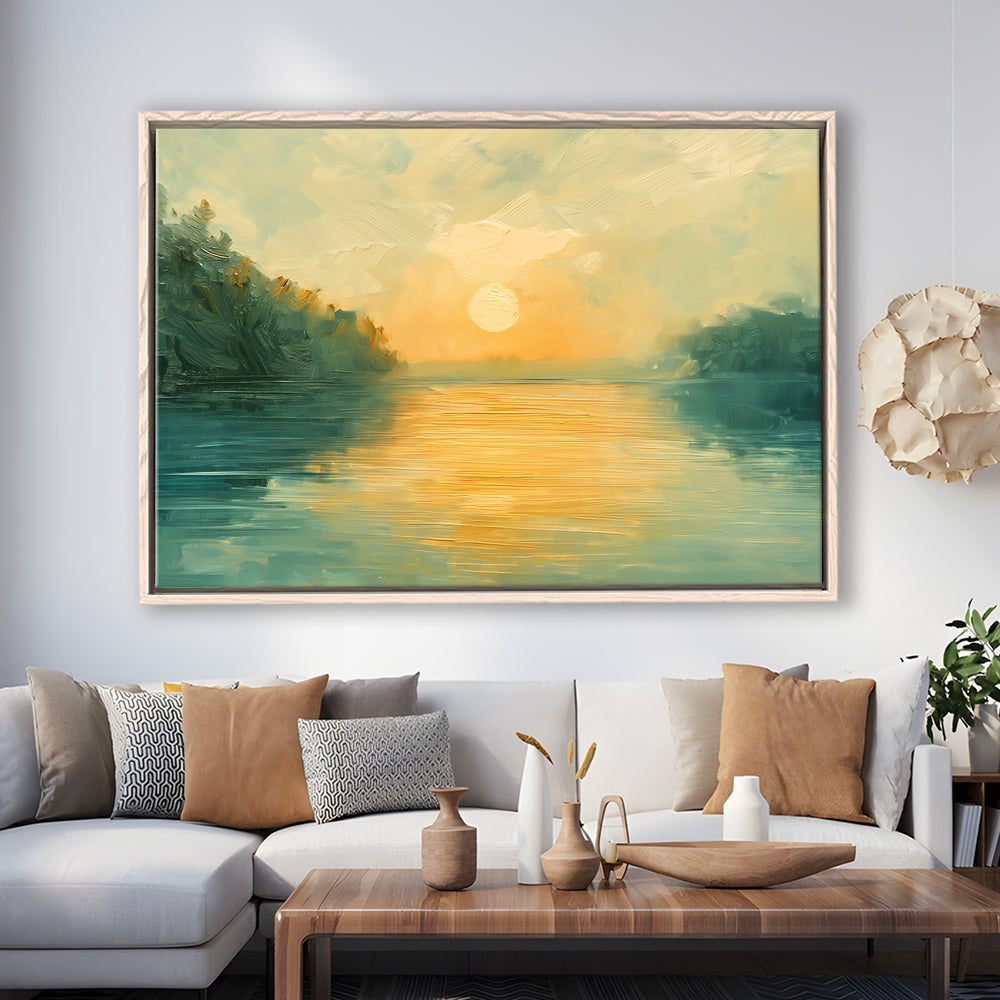Painting Sunríe Reflection On The Water, Framed Canvas Print, Painting Art, Floating Framed Canvas Print Wall Art