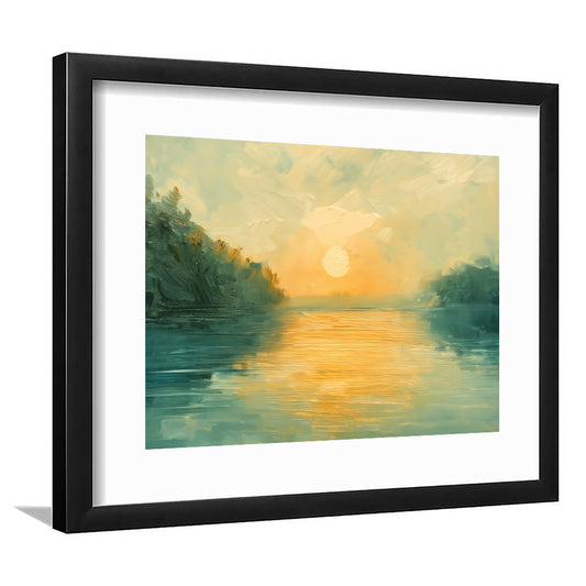 Painting Sunríe Reflection On The Water, Framed  Print, Painting Art, Framed Art Print White Border Wall Decor