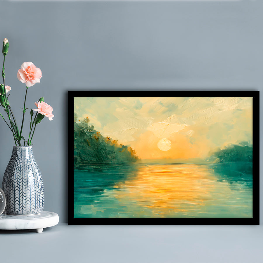 Painting Sunríe Reflection On The Water, Framed  Print, Painting Art, Framed Art Print Wall Decor, Framed Picture