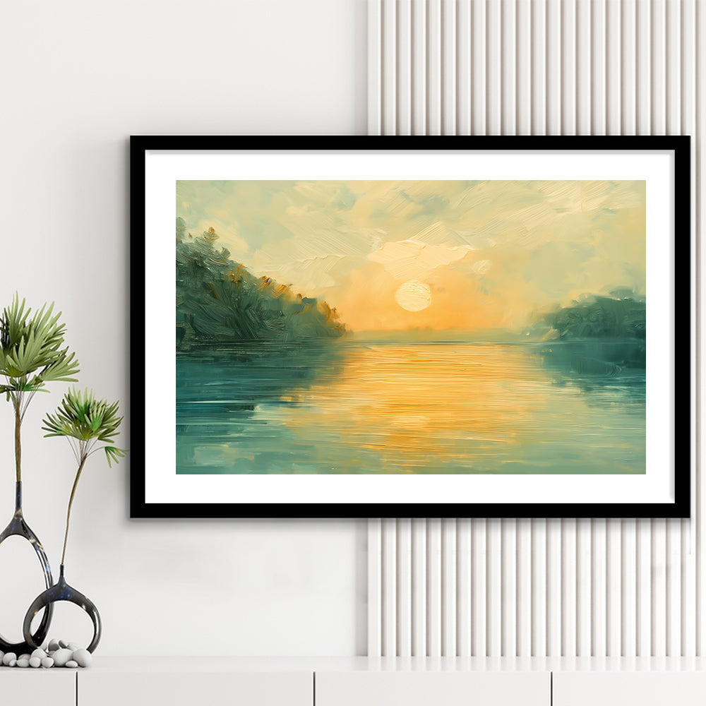 Painting Sunríe Reflection On The Water, Framed  Print, Painting Art, Framed Art Print White Border Wall Decor