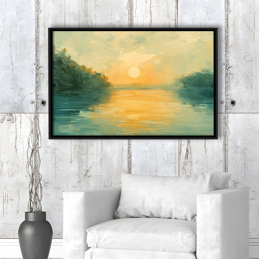 Painting Sunríe Reflection On The Water, Framed Canvas Print, Painting Art, Floating Framed Canvas Print Wall Art