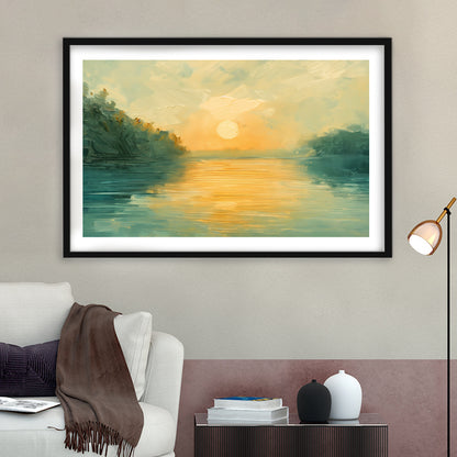 Painting Sunríe Reflection On The Water, Framed  Print, Painting Art, Framed Art Print White Border Wall Decor