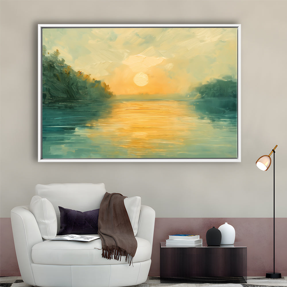 Painting Sunríe Reflection On The Water, Framed Canvas Print, Painting Art, Floating Framed Canvas Print Wall Art