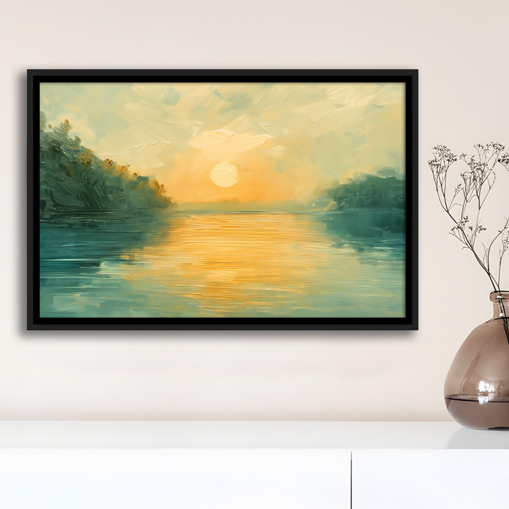 Painting Sunríe Reflection On The Water, Framed Canvas Print, Painting Art, Floating Framed Canvas Print Wall Art