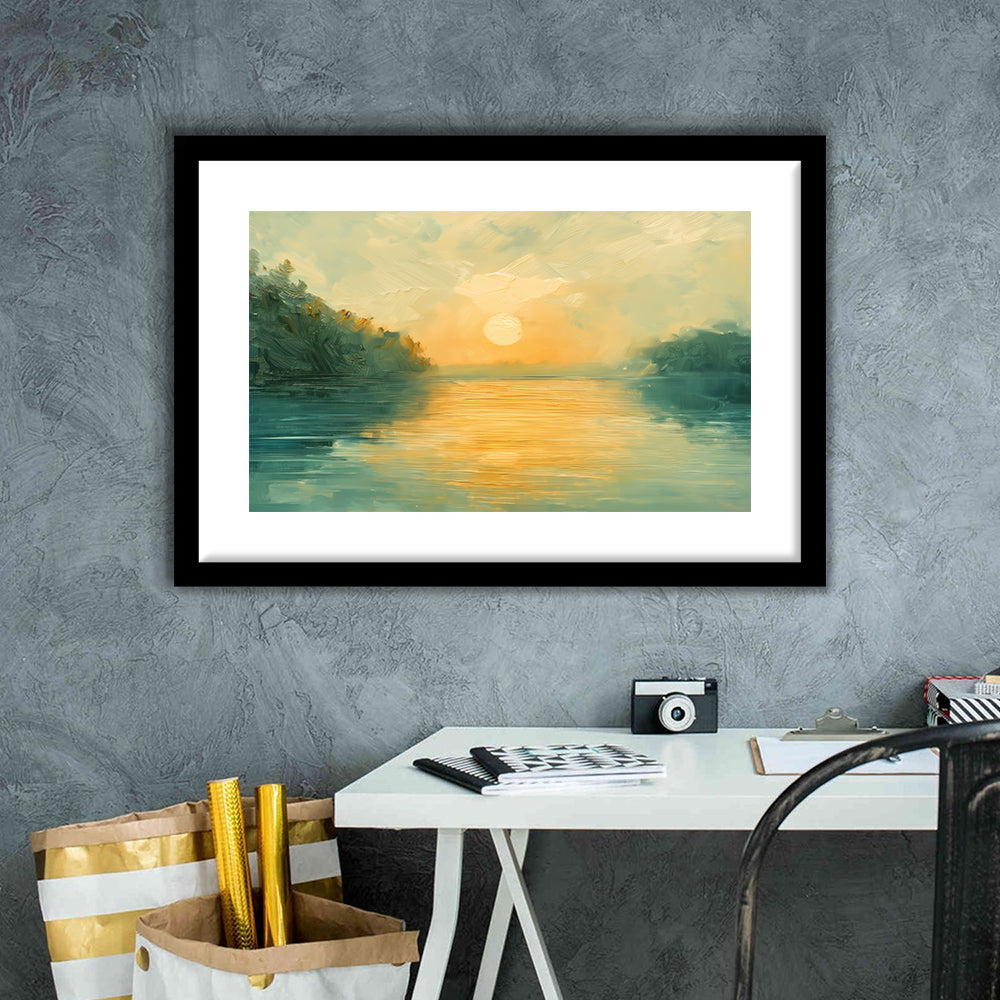 Painting Sunríe Reflection On The Water, Framed  Print, Painting Art, Framed Art Print White Border Wall Decor