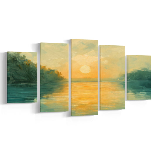 Painting Sunríe Reflection On The Water, Canvas Art Decor Print, Painting Art, Mixed Panels Canvas Print Wall Art