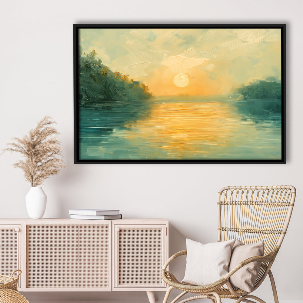 Painting Sunríe Reflection On The Water, Framed Canvas Print, Painting Art, Floating Framed Canvas Print Wall Art