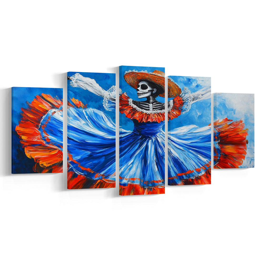 Painting of Dancing Mexican Women, Day of the Dead Art, Mexican Culture Art, 5 Piece Large Cavas Print Wall Art