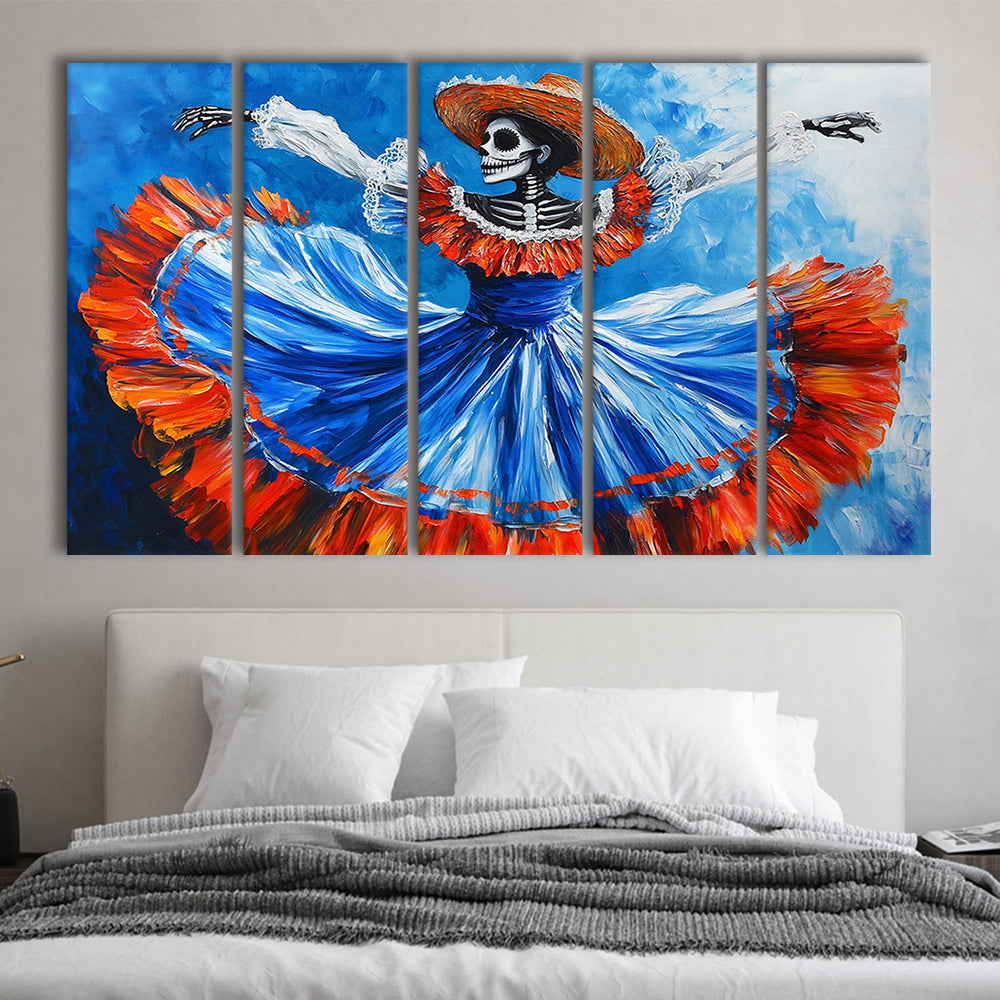 Painting of Dancing Mexican Women, Day of the Dead Art, Mexican Culture Art, 5 Piece B Extra Large Cavas Print Wall Art Decor
