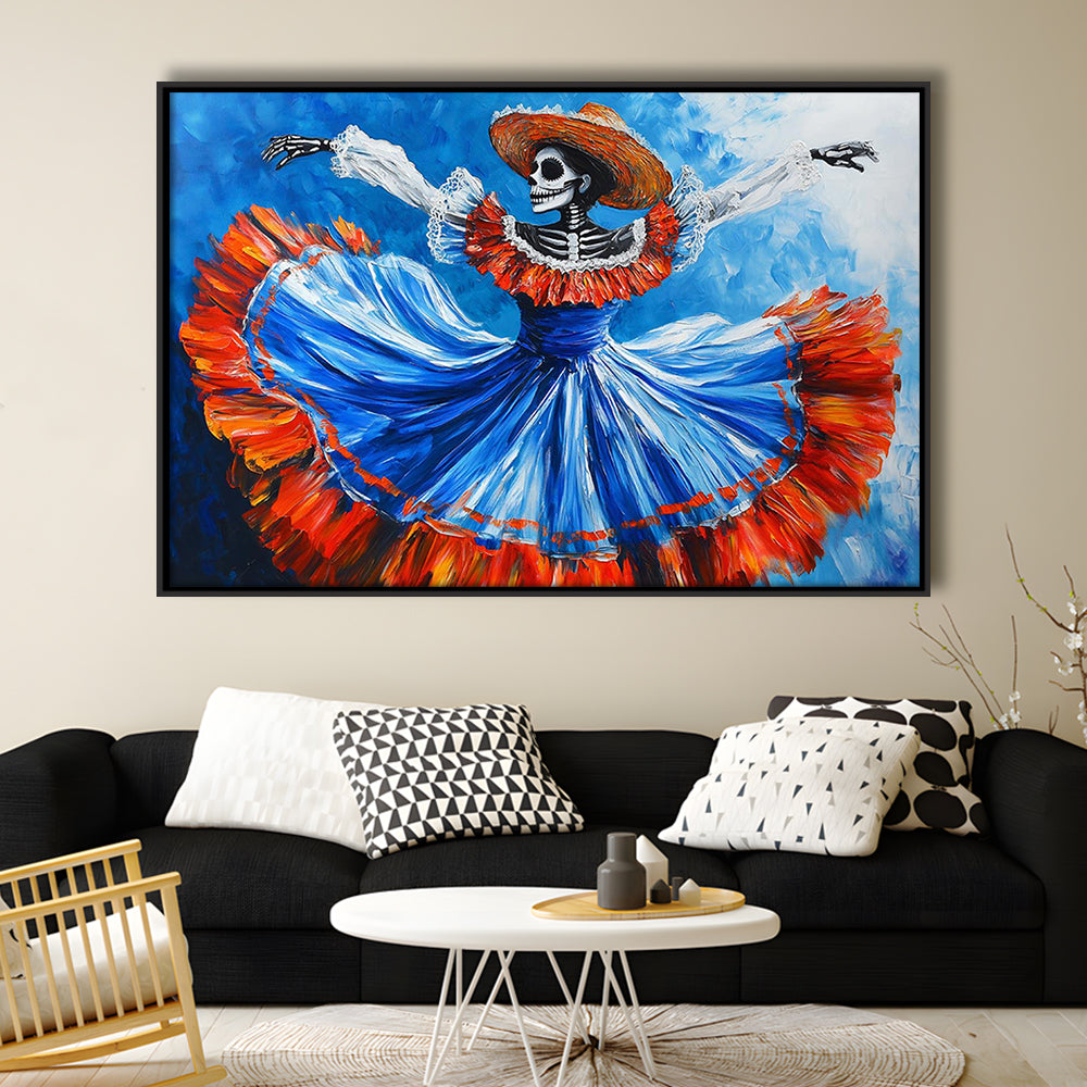 Painting Of Dancing Mexican Women, Day Of The Dead Art, Mexican Culture Art, Framed Cavas Print, Floating Frame