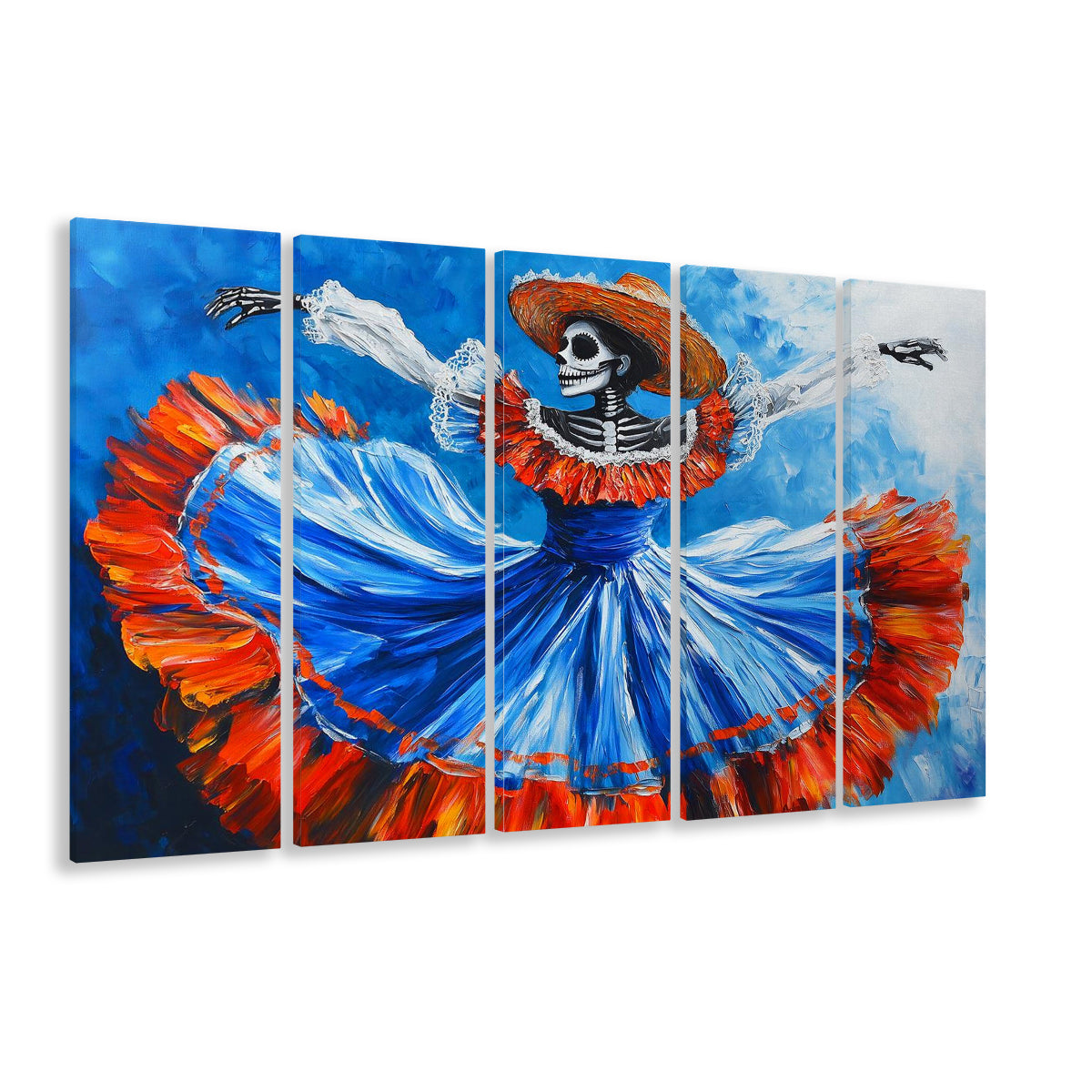 Painting of Dancing Mexican Women, Day of the Dead Art, Mexican Culture Art, 5 Piece B Extra Large Cavas Print Wall Art Decor