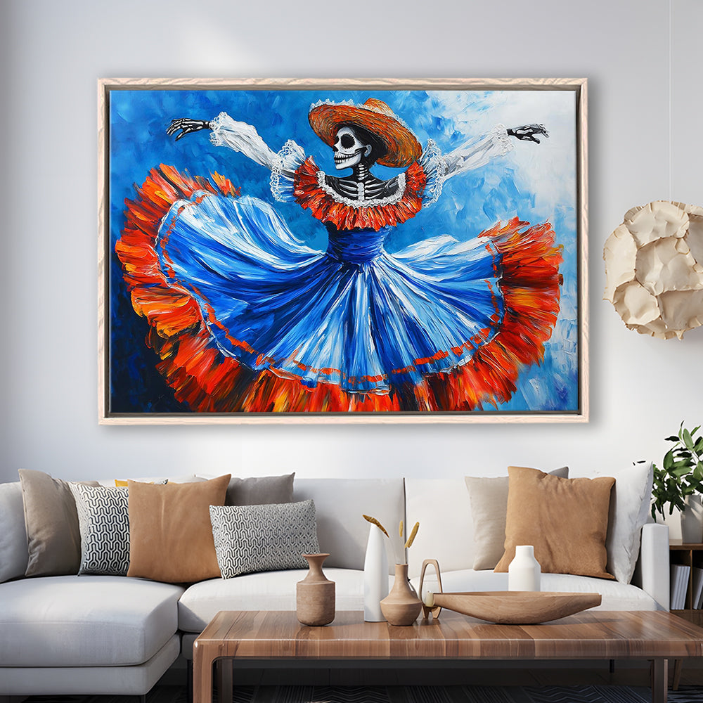 Painting Of Dancing Mexican Women, Day Of The Dead Art, Mexican Culture Art, Framed Cavas Print, Floating Frame