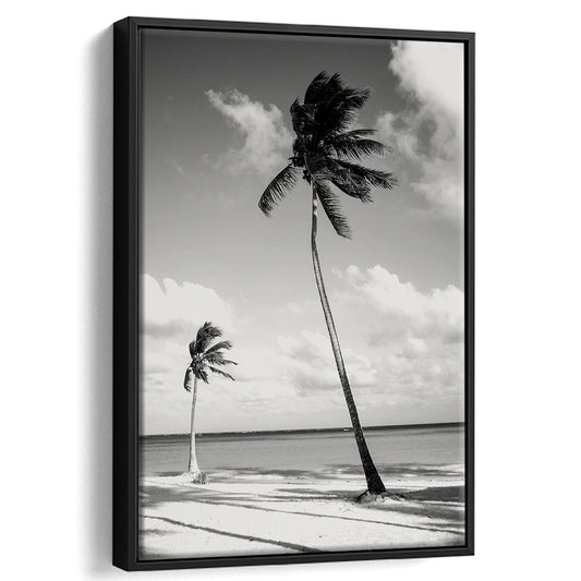 Palm Tree Print, Summer, Black and White, Vintage Beach, Beach House Wall Decor, Floating Framed Canvas Print
