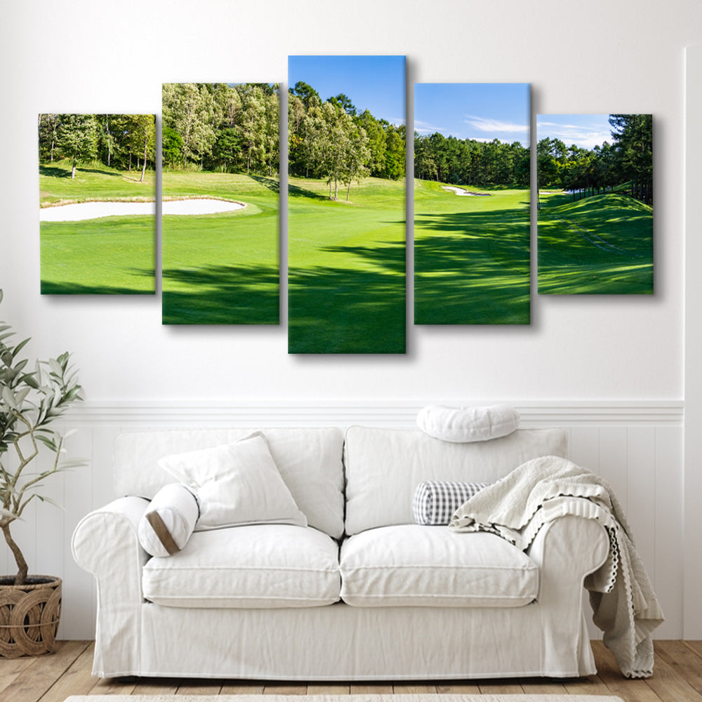 Panorama Golf Course With Beautiful Putting Green, Golf Art Print, 5 Pieces Mixed Canvas Print Wall Art
