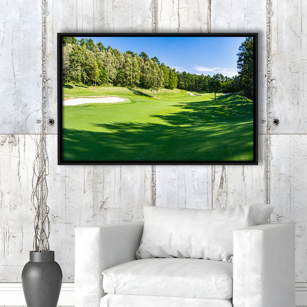 Panorama Golf Course With Beautiful Putting Green, Floating Framed Canvas Print Wall Art