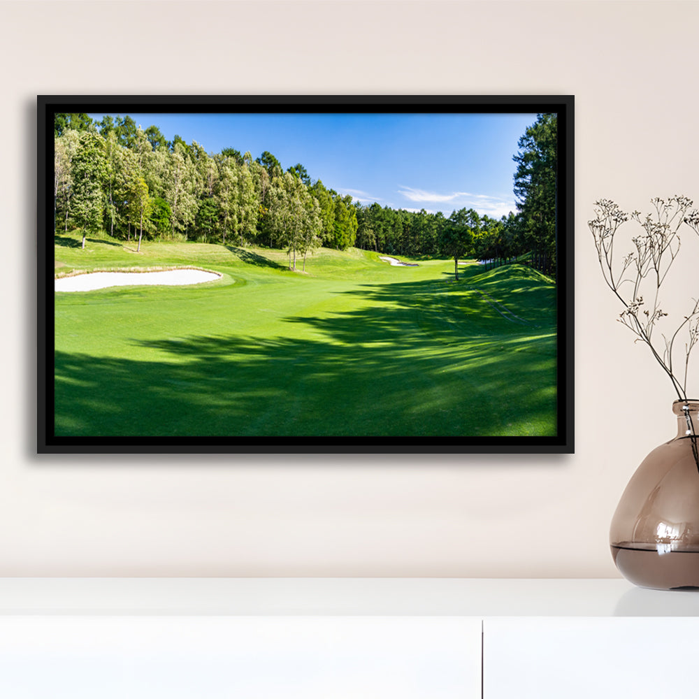 Panorama Golf Course With Beautiful Putting Green, Floating Framed Canvas Print Wall Art