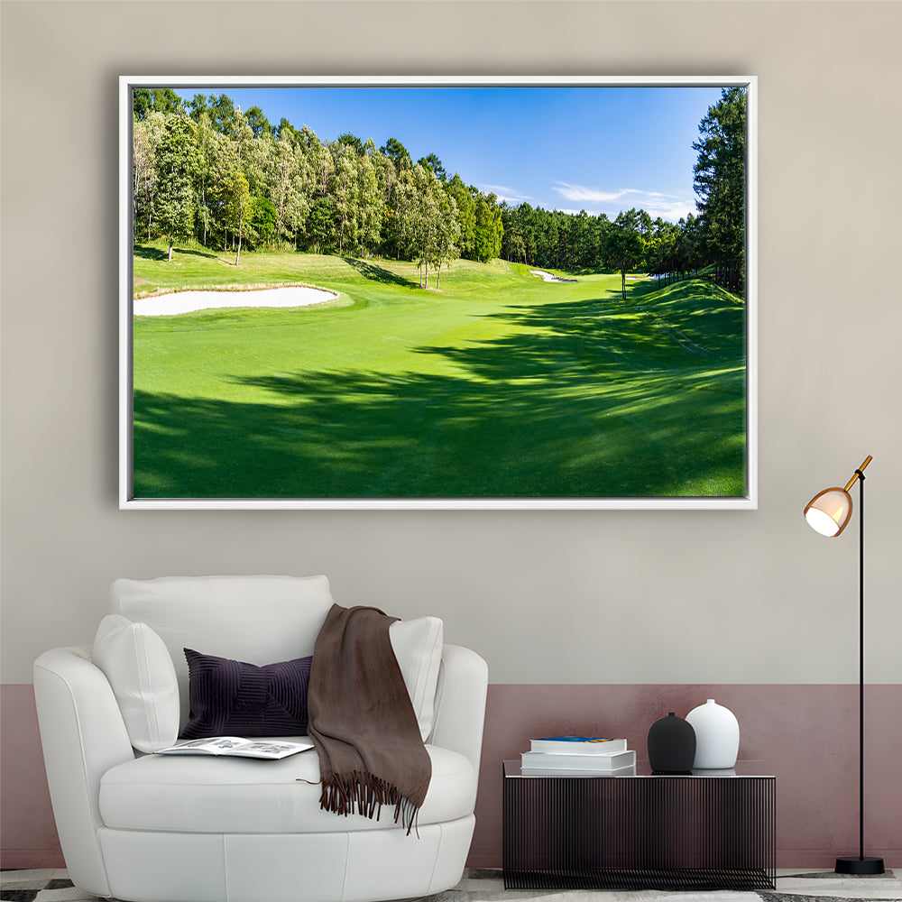 Panorama Golf Course With Beautiful Putting Green, Floating Framed Canvas Print Wall Art