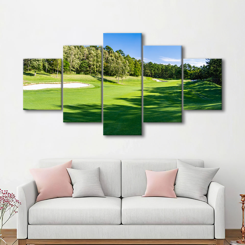Panorama Golf Course With Beautiful Putting Green, Golf Art Print, 5 Pieces Mixed Canvas Print Wall Art