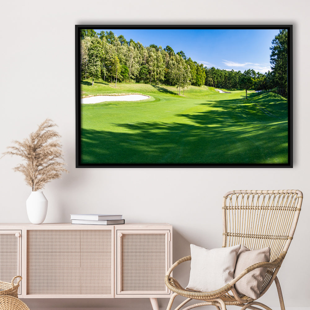 Panorama Golf Course With Beautiful Putting Green, Floating Framed Canvas Print Wall Art