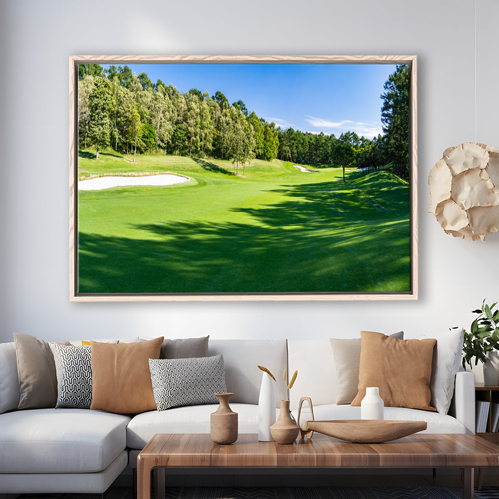 Panorama Golf Course With Beautiful Putting Green, Floating Framed Canvas Print Wall Art