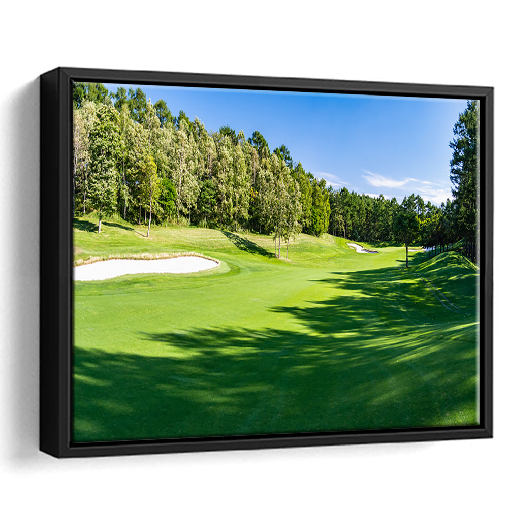Panorama Golf Course With Beautiful Putting Green, Floating Framed Canvas Print Wall Art
