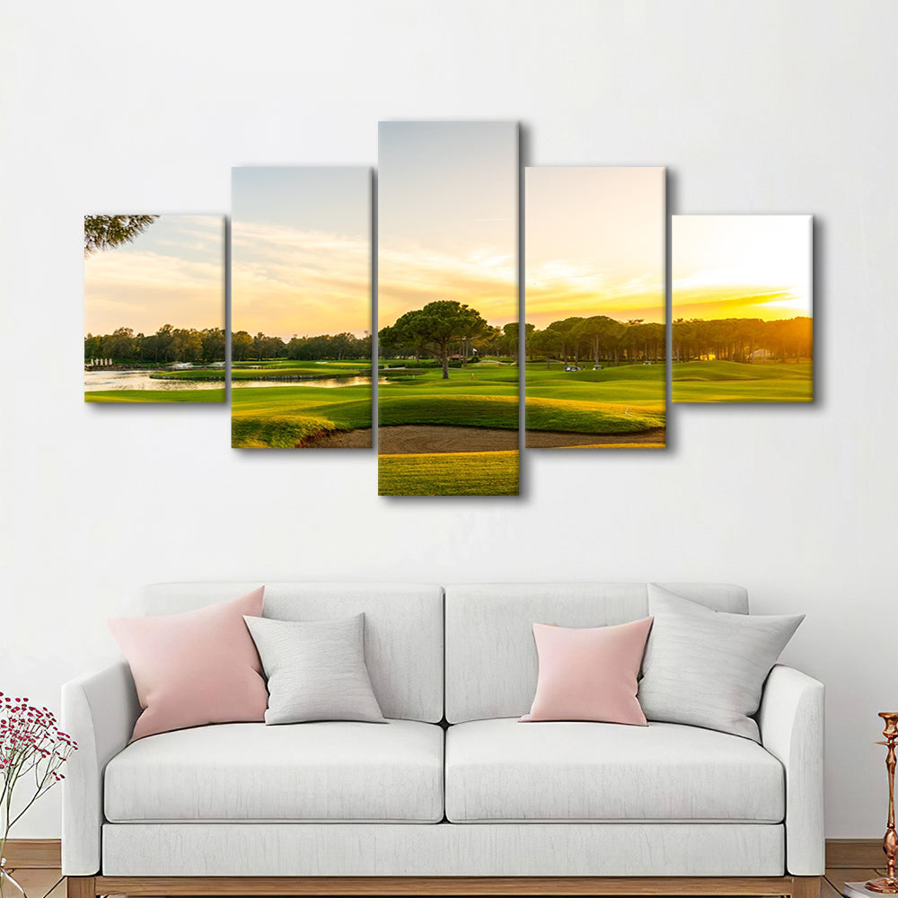 Panorama Of The Most Beautiful Sunset, Golf Art Print, 5 Pieces Mixed Canvas Print Wall Art