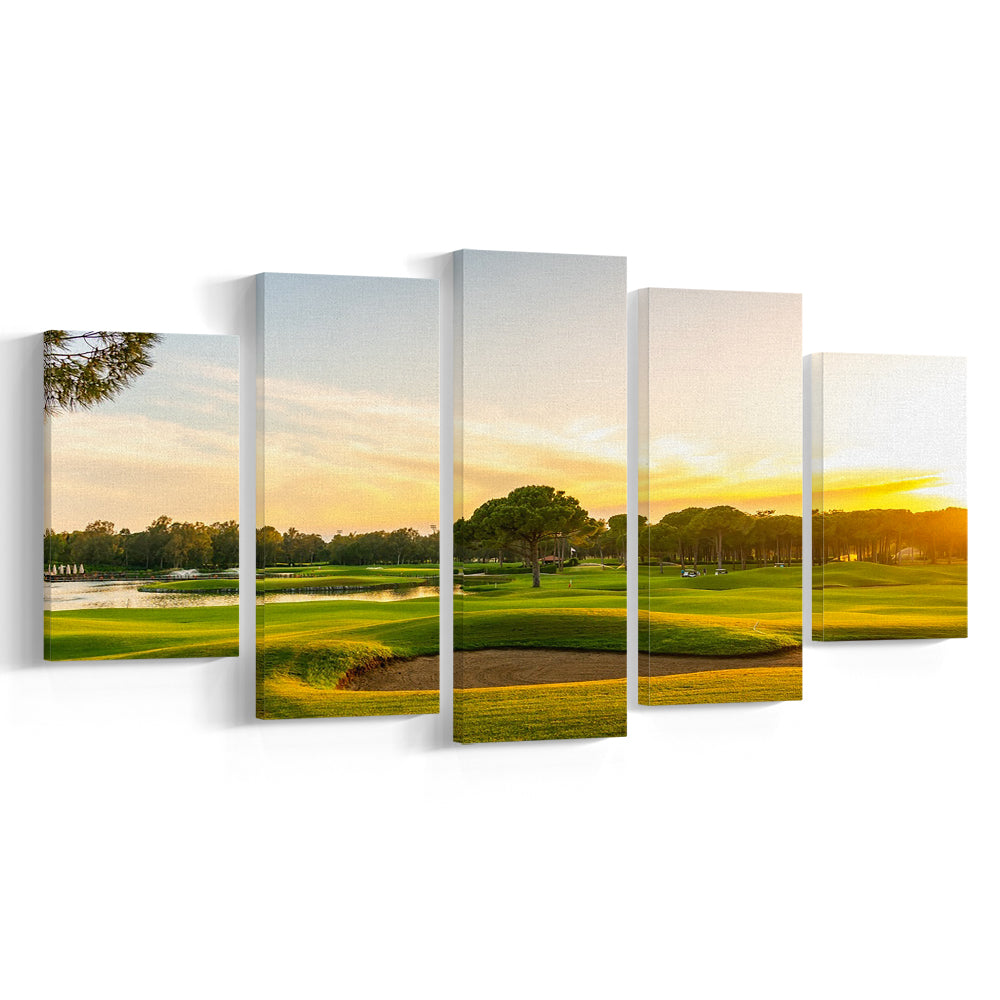 Panorama Of The Most Beautiful Sunset, Golf Art Print, 5 Pieces Mixed Canvas Print Wall Art