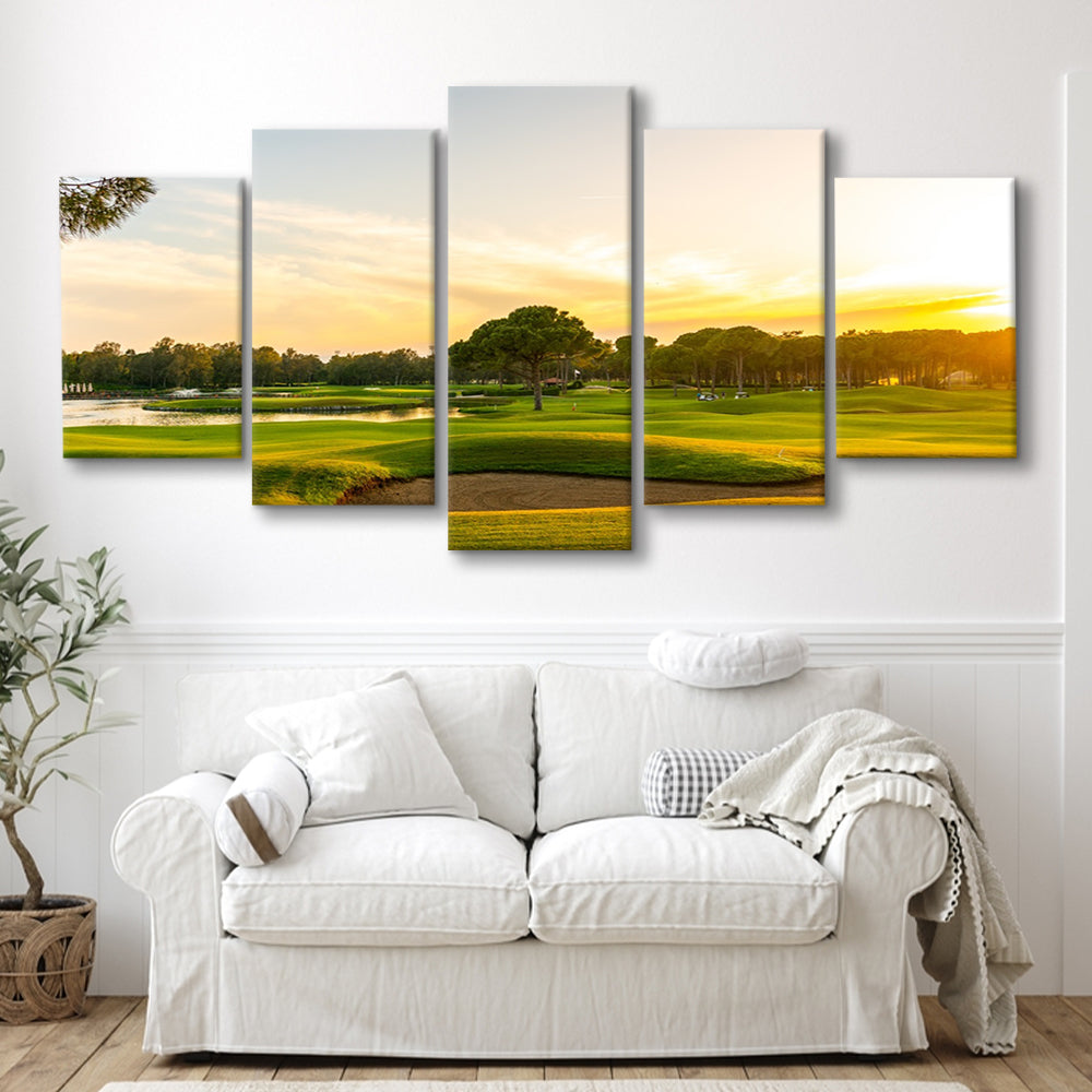 Panorama Of The Most Beautiful Sunset, Golf Art Print, 5 Pieces Mixed Canvas Print Wall Art