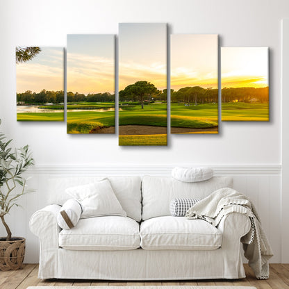 Panorama Of The Most Beautiful Sunset, Golf Art Print, 5 Pieces Mixed Canvas Print Wall Art