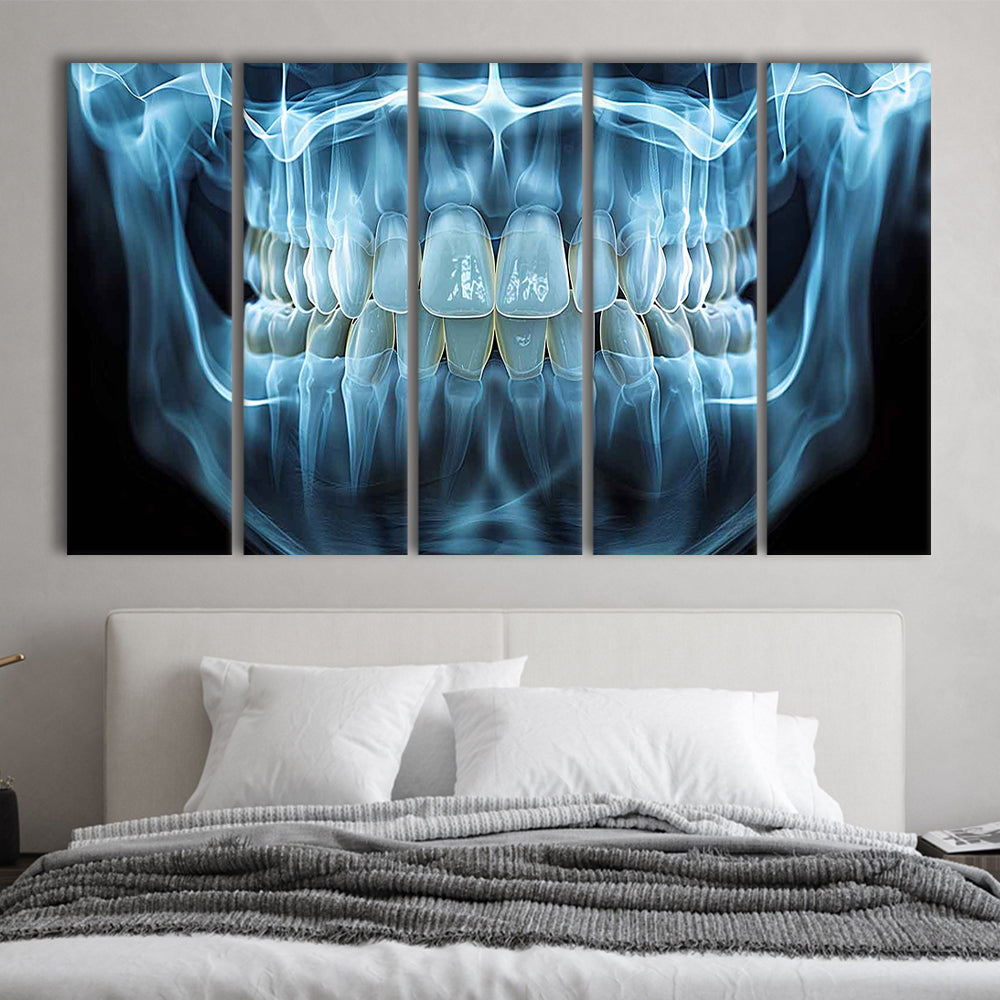 Panoramic X Ray Jaw Canvas Print, Snow white Healthy Teeth, Dental Office Decor, 5 Piece B Extra Large Cavas Print Wall Art