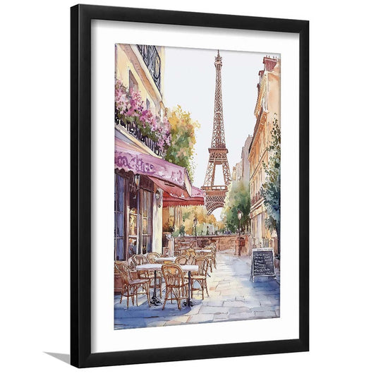 Paris Cityscape Watercolor Art Print, Cafe Watercolor Art Print, Travel Art, Gift Idea, Framed Art Print, White Border