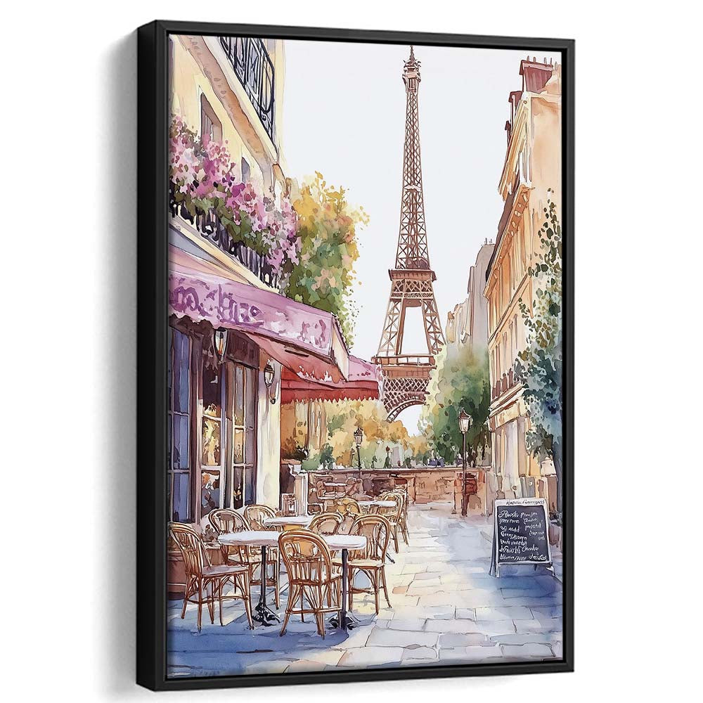 Paris Cityscape Watercolor Art Print, Cafe Watercolor Art Print, Travel Art, Gift Idea, Framed Canvas Print, Floating Frame