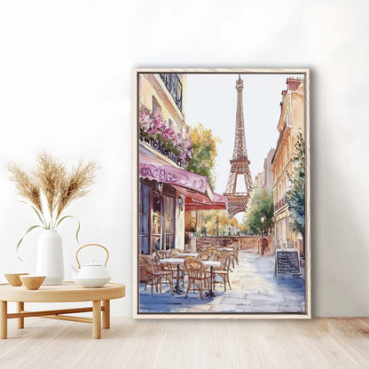 Paris Cityscape Watercolor Art Print, Cafe Watercolor Art Print, Travel Art, Gift Idea, Framed Canvas Print, Floating Frame