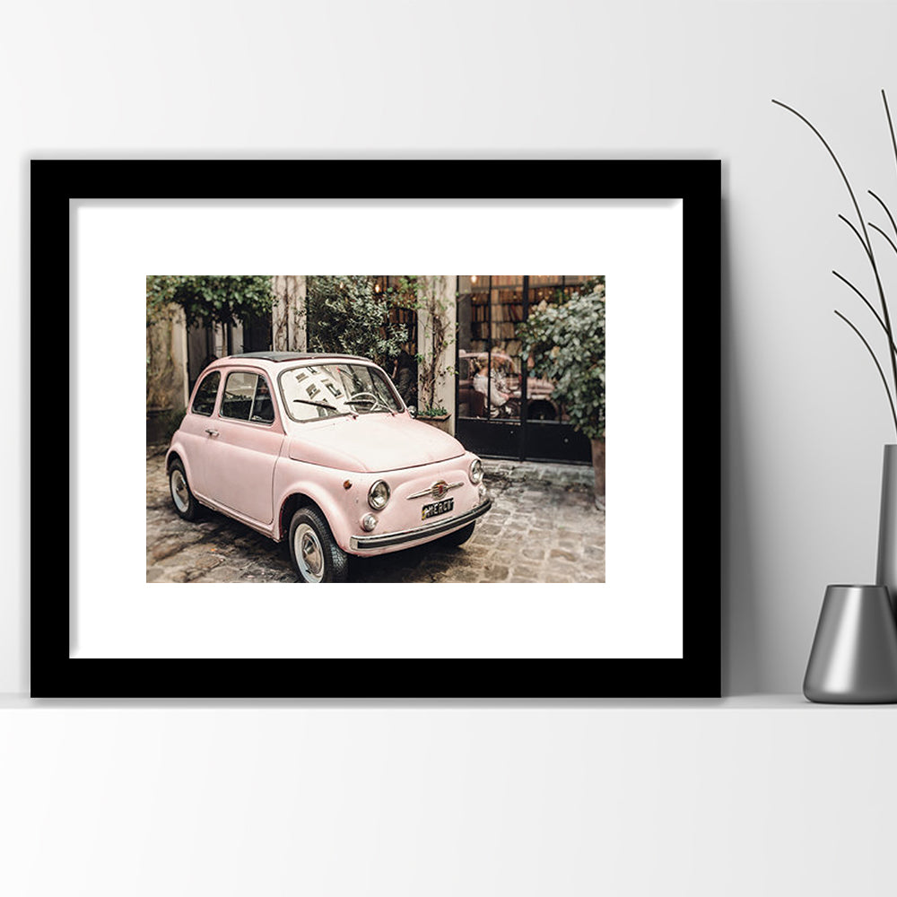 Paris Print Pink Car Print Paris Photography, Framed  Print, Painting Art, Framed Art Print White Border Wall Decor