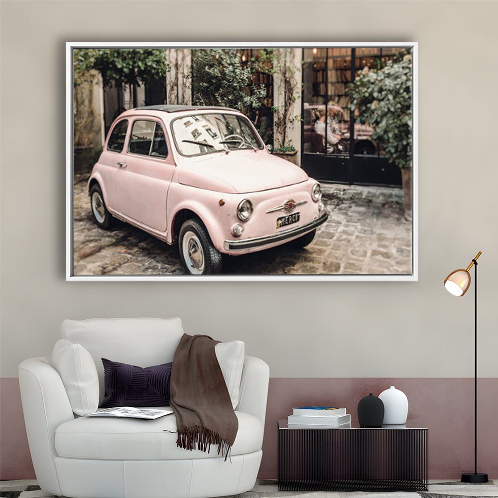 Paris Print Pink Car Print Paris Photography, Framed Canvas Print, Painting Art, Floating Framed Canvas Print Wall Art