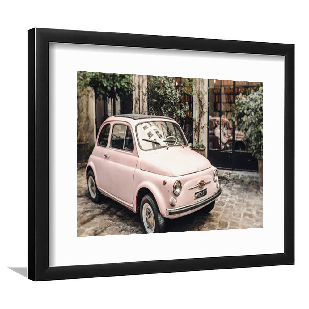 Paris Print Pink Car Print Paris Photography, Framed  Print, Painting Art, Framed Art Print White Border Wall Decor
