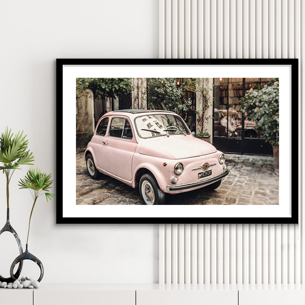 Paris Print Pink Car Print Paris Photography, Framed  Print, Painting Art, Framed Art Print White Border Wall Decor
